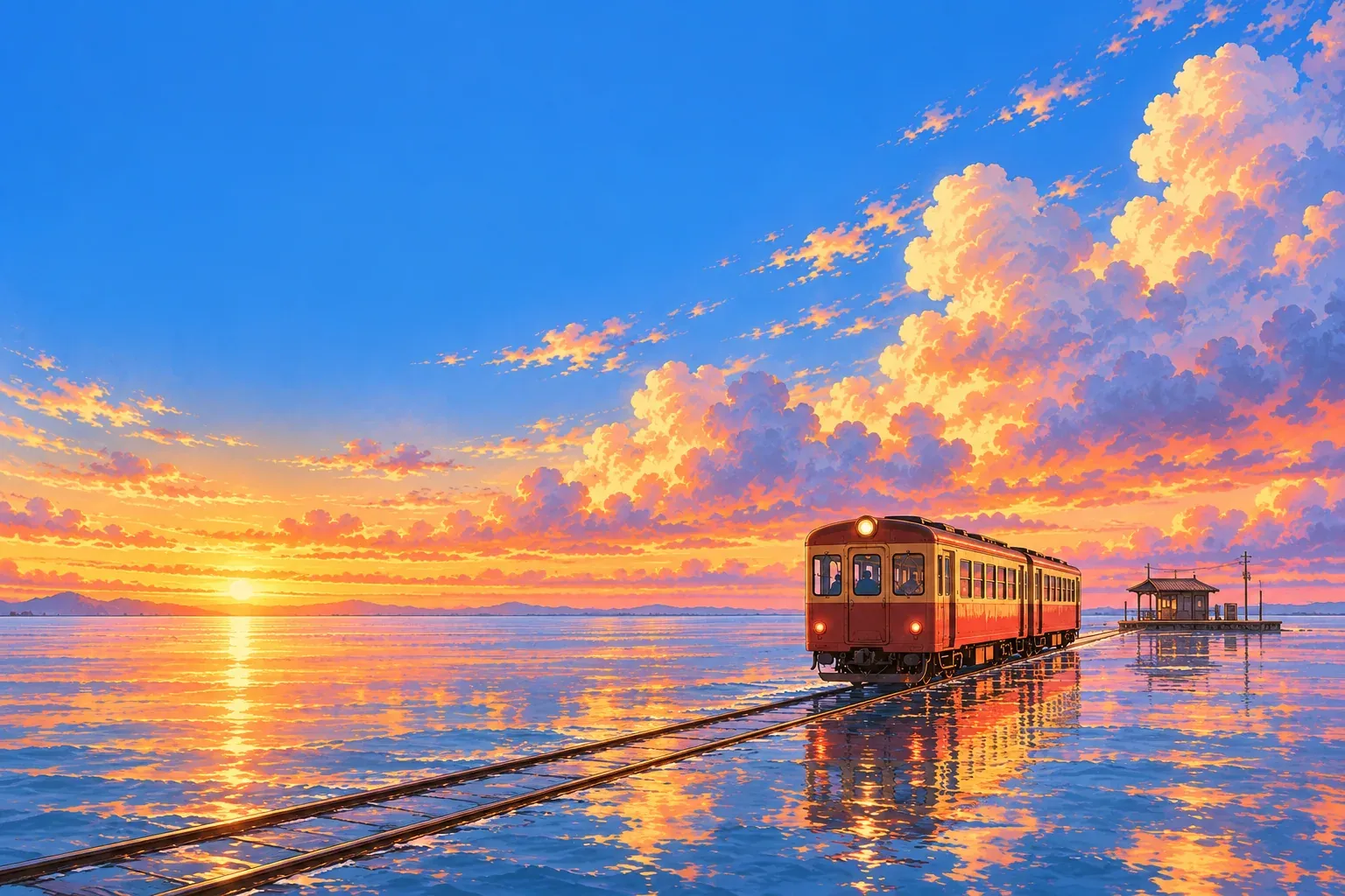 Un tren cruza el mar al atardecer